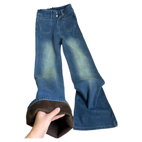 拉夏贝尔加绒微喇牛仔裤女秋冬2025年新款宽松显瘦不贴腿喇叭裤子 - 图3