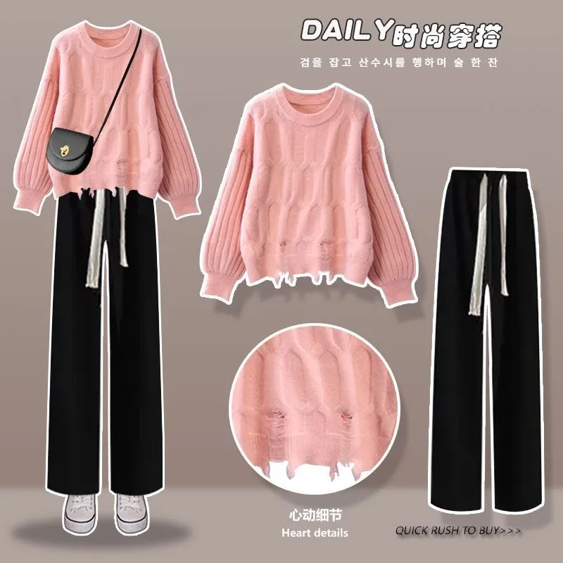 秋季穿搭女中童2025新款盐系校园风碎边针织毛衣阔腿裤两件套潮 - 图0