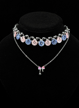 原创粉蓝蝴蝶结choker项链颈链