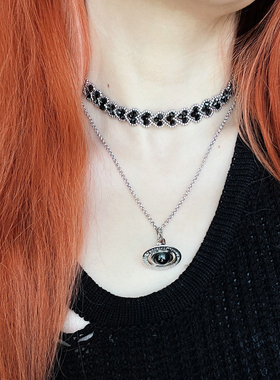银黑爱心手工编制水晶choker项链