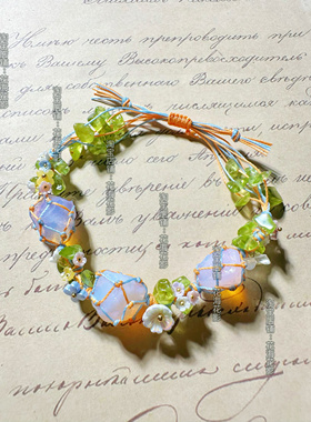 少女的花环纯手工编织手绳手链小红书款粉蛋白石时尚节日女生礼物