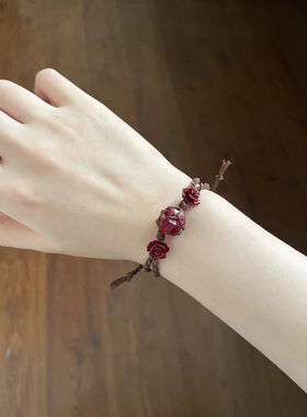 玫瑰心事樱桃红琉璃手工编织原石手链手绳手环情侣百搭创意抖音款