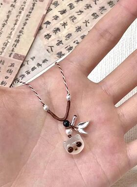 小红书中式同款冰透熊熊叶子手工编织简约项链女锁骨新款时尚配饰