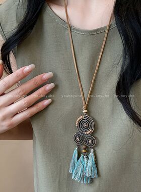 波西米亚民族风长款流苏项链女新中式复古编绳卫衣链小众设计配饰