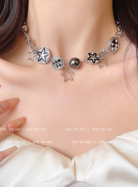 朋克复古纽扣星星重工项链