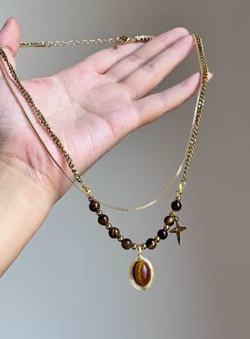 【琥珀流光】双层叠戴虎眼石星星项链女复古秋冬毛衣链轻奢高级感