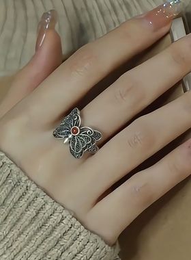 复古南红蝴蝶戒指花丝镂空做旧新中式女掐丝小众可调节指环