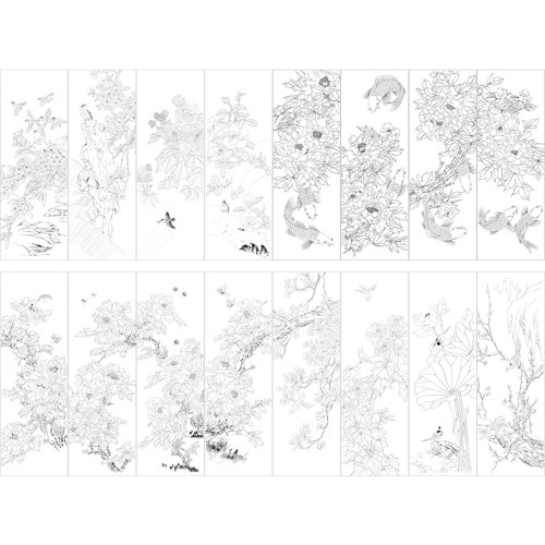 工笔画牡丹鲤鱼临摹画稿白描底稿国画花鸟画四条屏线描素材打印稿 - 图0