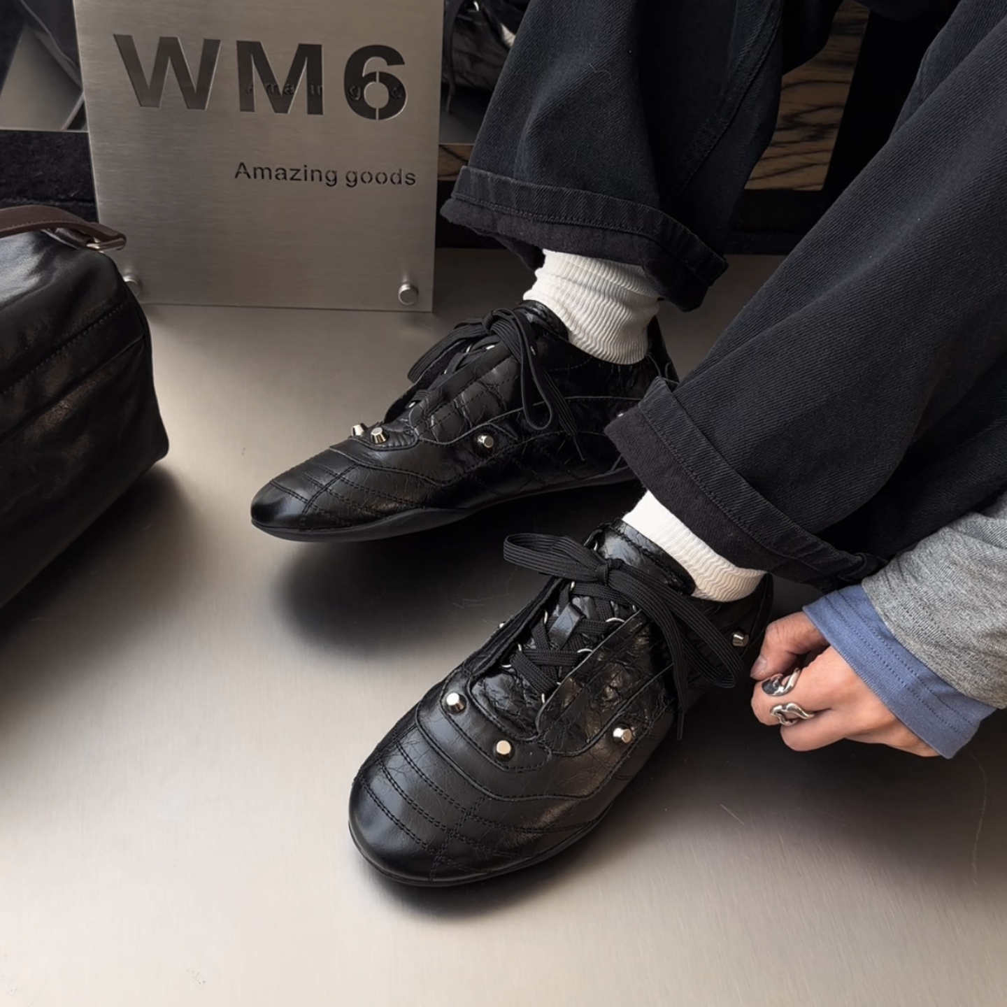 WM6欧货欧洲站真皮女鞋2026春季新款复古德训鞋女铆钉系带休闲鞋,淘宝优惠券,粉丝福利购,淘宝优惠卷