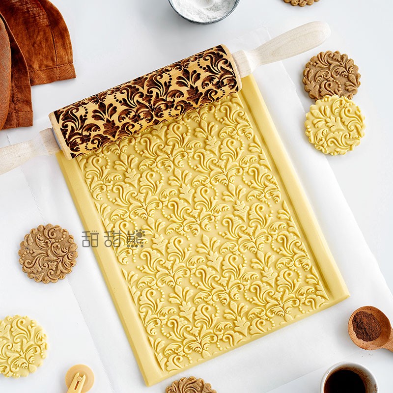 TITIBEAR欧式复古花纹饼干印花擀面杖加深激光雕刻烘焙饼干模具 - 图3