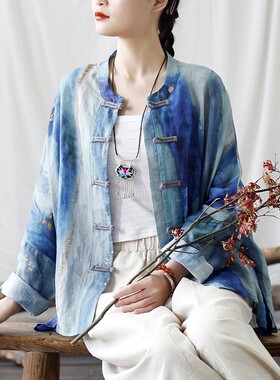 扎染苎麻衬衫女民族风盘扣复古宽松开衫外套中式茶服上衣防晒服夏
