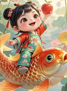 年画超萌童子娃娃贴画招财新年年年有余福娃客厅海报好运锦鲤贴纸