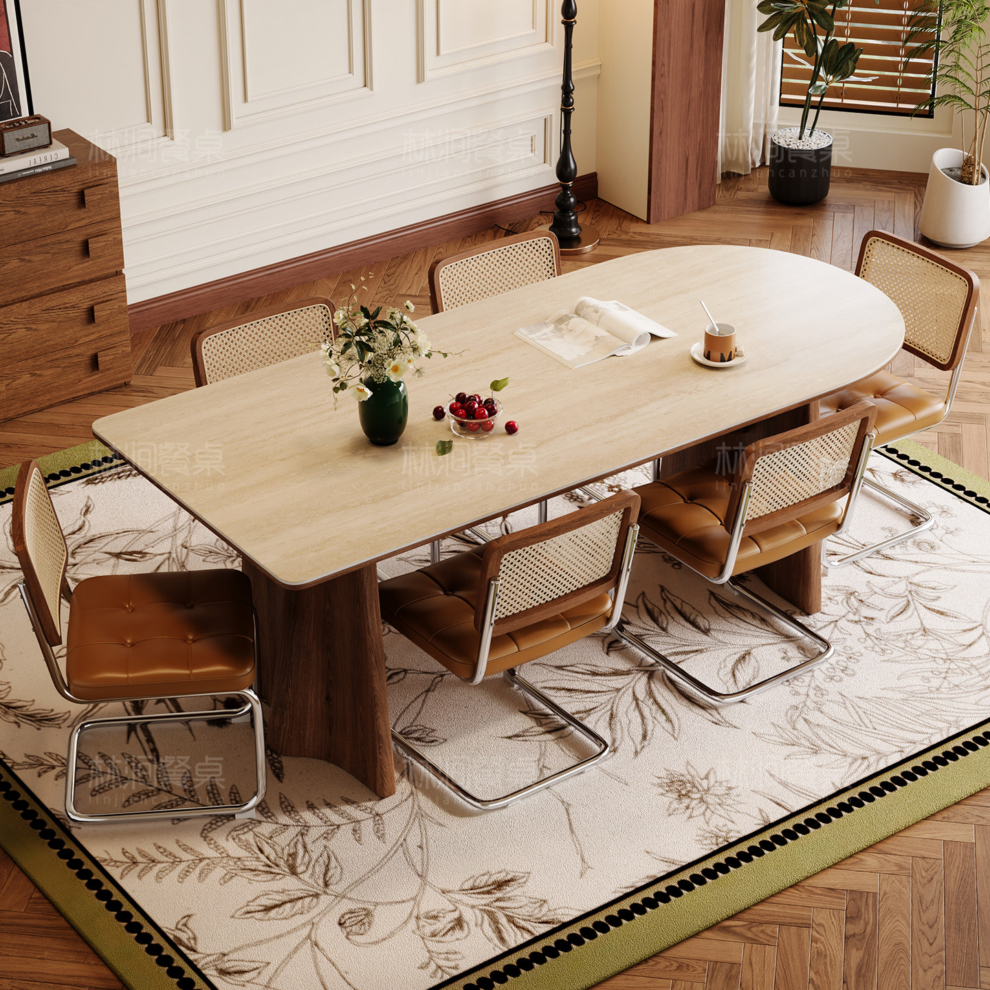 中古风美式洞石岩板餐桌椅半圆岛台家用小户型2025新款长方形桌,淘宝优惠券,粉丝福利购,淘宝优惠卷