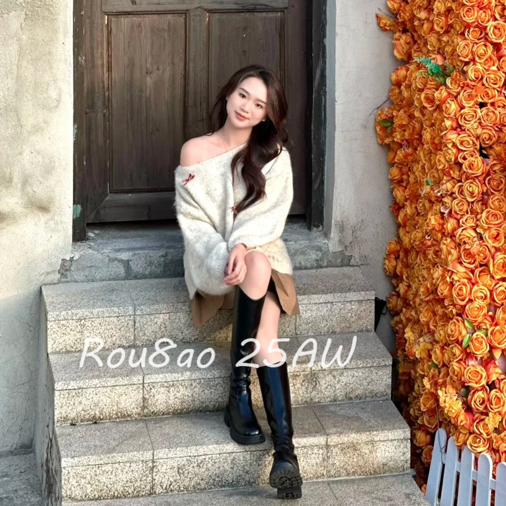 Rou8ao微胖大码女装韩系温柔风蝴蝶结软糯针织衫毛衣+围巾两件套,淘宝优惠券,粉丝福利购,淘宝优惠卷