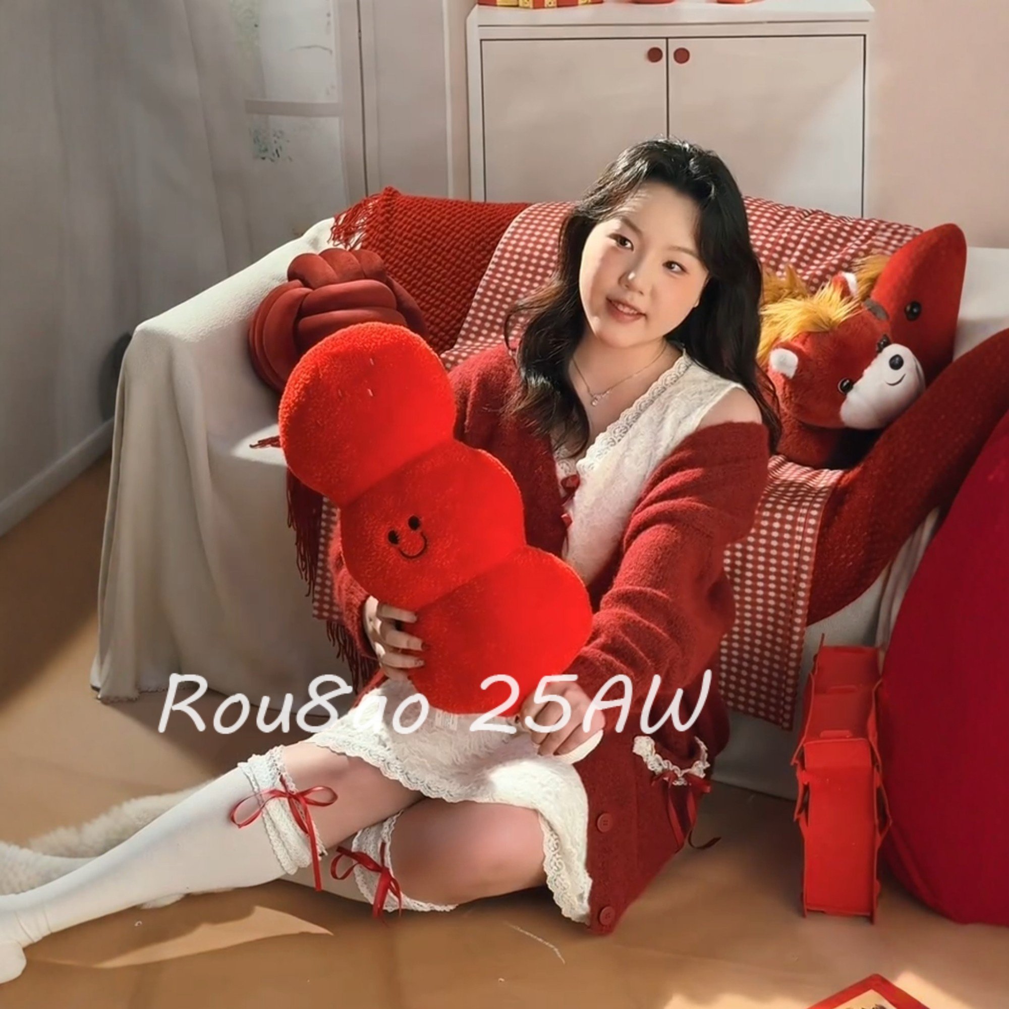 Rou8ao微胖大码女装韩系针织毛衣开衫背心裙两件套喜庆红色套装,淘宝优惠券,粉丝福利购,淘宝优惠卷