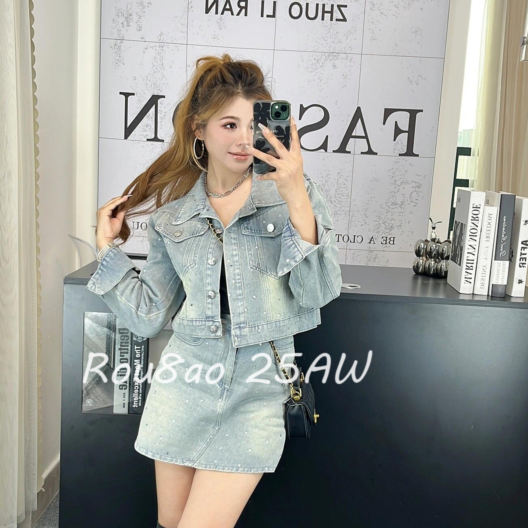 Rou8ao微胖大码女装重工烫钻牛仔复古外套高腰a字半身裤裙两件套,淘宝优惠券,粉丝福利购,淘宝优惠卷