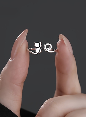 原创925纯银线条猫咪戒指女小众简约ins个性百搭素银开口食指戒