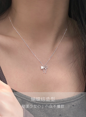 925纯银线条爱心蝴蝶结项链韩版ins小众设计感百搭个性锁骨链 潮