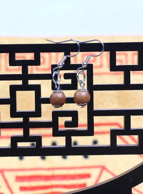 雷击枣木女士耳环925银8mm一对圆珠波西米亚风格可爱耳环耳坠