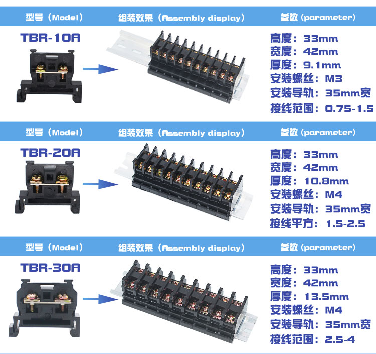 高品质TBR-30A接线端子铁件 导轨组合式单层30A接线端子不滑丝