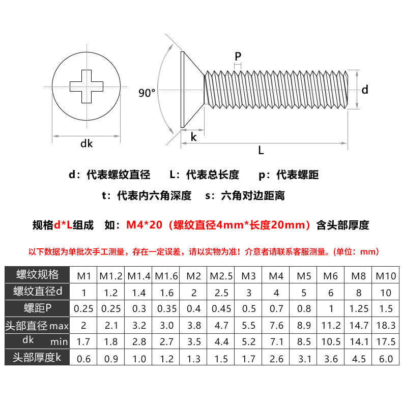 加长316不锈钢沉头十字机牙螺丝钉M2M2.5M3M4M5M6M8平头螺钉GB819 - 图1