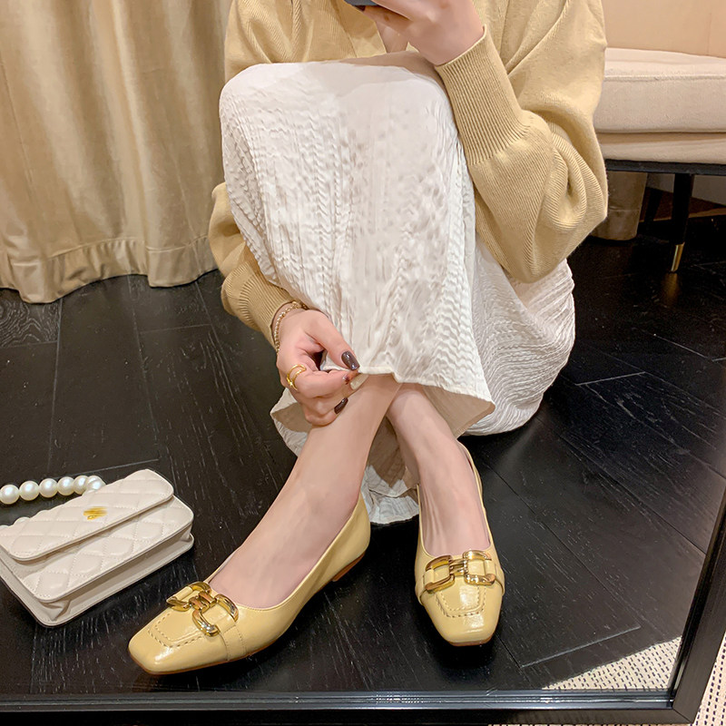 欧货法式复古小方头金属扣春秋平底瓢鞋真皮浅口软底单鞋奶奶鞋女