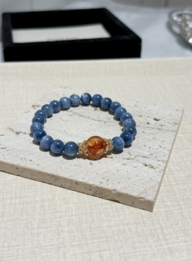 蓝晶石手串高品质水晶手链红胶花转运珠高级感新中式男女款喜水