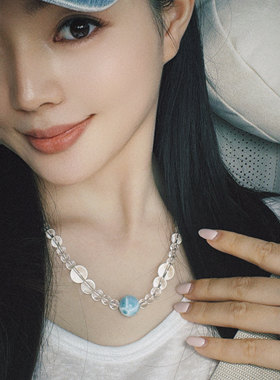天然水晶高端原创定制水晶项链女海纹石白水晶锁骨链海纹石项链