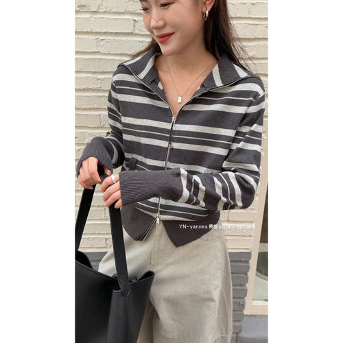 YN 长袖条纹翻领软糯针织衫女拉链开衫外套秋季新款洋气别致上衣 - 图2