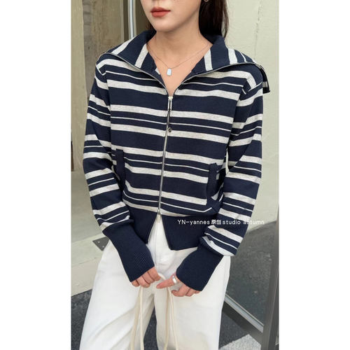 YN 长袖条纹翻领软糯针织衫女拉链开衫外套秋季新款洋气别致上衣 - 图0