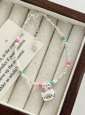 槐序HX【猫咪系列】925银碎银子彩色米珠彩虹kt猫手链女甜美串珠