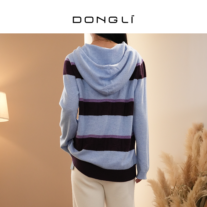 东黎 DONGLI&张继成 山羊绒女士秋冬季连帽宽松条纹长袖卫衣1-801 - 图3