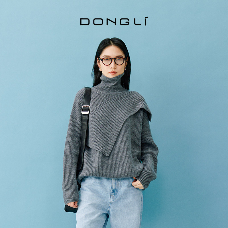 东黎小山羊绒 2024秋冬新款前胸贴片设计女士高领条纹套头衫4660,淘宝优惠券,粉丝福利购,淘宝优惠卷