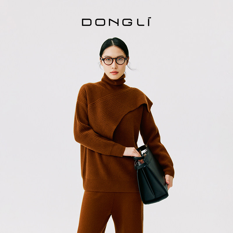 东黎小山羊绒 2024秋冬新款前胸贴片设计女士高领条纹套头衫4660,淘宝优惠券,粉丝福利购,淘宝优惠卷