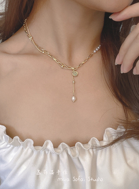 法式温柔人像拼接珍珠卫衣项链女轻奢小众百搭高级辣妹锁骨链配饰