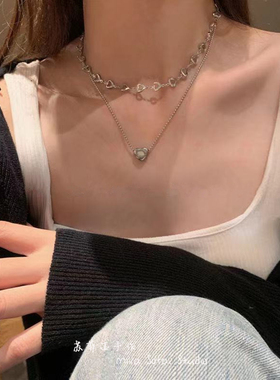 加州女孩~嘻哈冷淡风双层爱心项链ins小众设计钛钢锁骨链
