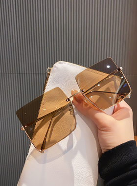 墨镜女ins大脸显瘦半框切边新款潮圆脸复古港风网红大框太阳眼镜