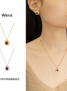 Wens Jewels 石榴石复古方石项链红色新年复古原创设计高级首饰