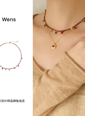 Wens Jewels 彩宝吊坠石榴石短项链新年红色复古小众串珠链度假女