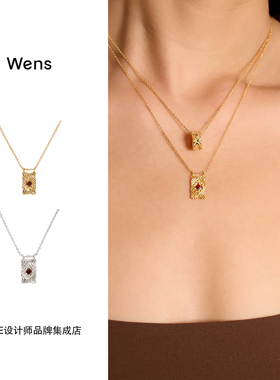 Dare买手店 Wens Jewels Edge镶石方格吊坠项链金色复古精致小巧