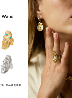 Dare买手店 Wens Jewels 图腾纹理镶绿松石盾牌戒指金色复古欧美
