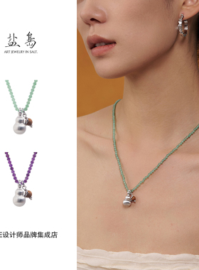盐岛 葫芦双挂坠串珠项链中式复古高级原创设计福禄好运饰品首饰