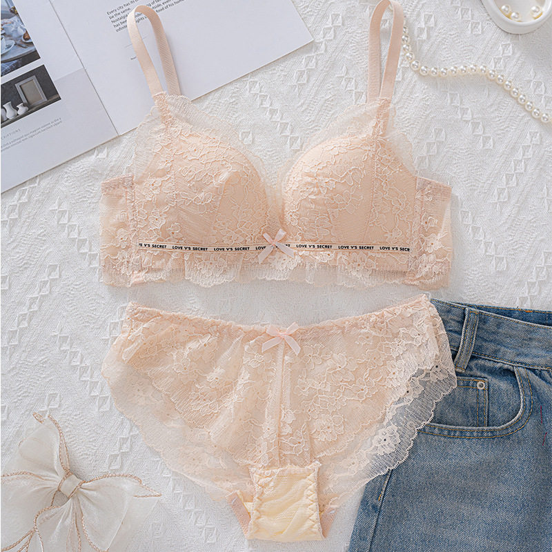 无钢圈蝴蝶结小胸聚拢内衣套装蕾丝花边透气薄款性感美背文胸套装 - 图2