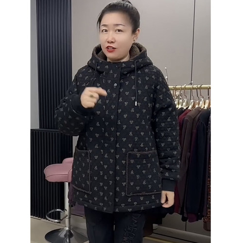 大码女装新款加棉加厚棉服秋冬休闲连帽提花外套中年宽松遮肉棉衣 - 图0