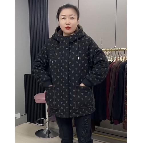 大码女装新款加棉加厚棉服秋冬休闲连帽提花外套中年宽松遮肉棉衣 - 图3