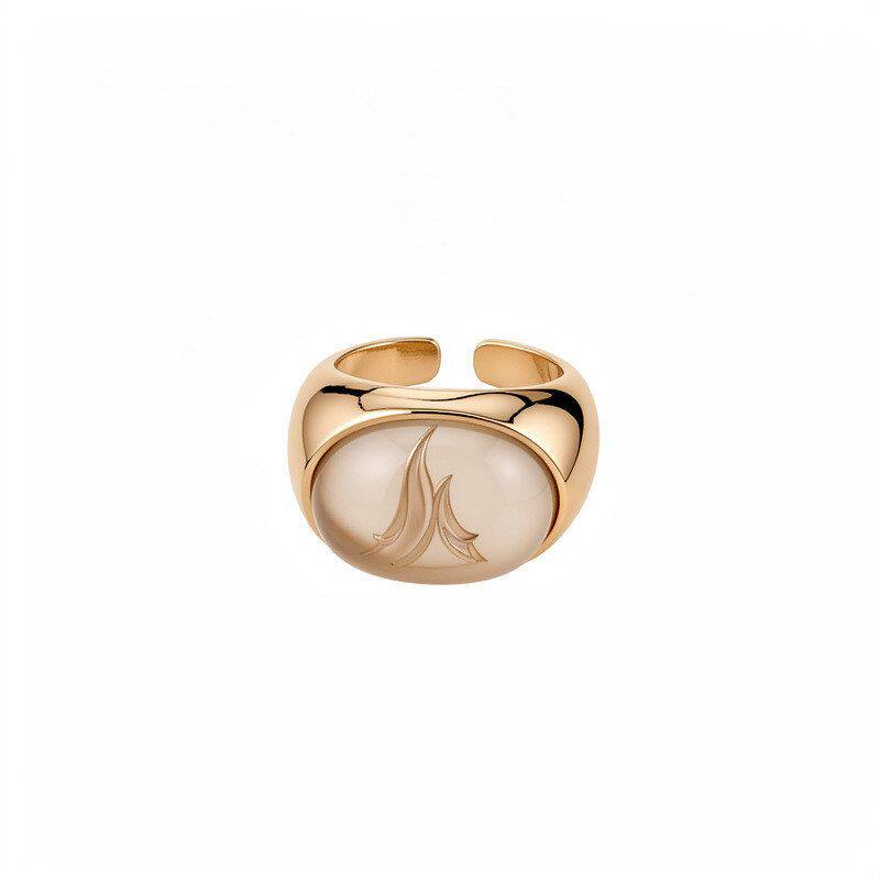 Oval ring with elegant electroplated jade resin opening