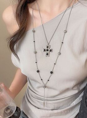 女女小众独特风双毛衣链戴项链风项饰哥特暗黑层叠十字架个性冷淡