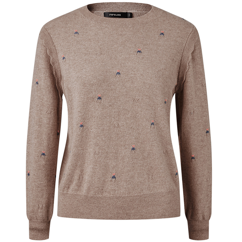 皮皮狗秋冬新款圆领无染色羊绒衫定位绣花套头女宽松舒适针织羊绒 - 图3