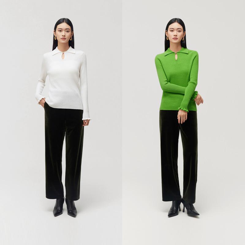 皮皮狗秋冬新中式坑条POLO水滴领荷叶边袖口羊绒衫 - 图1