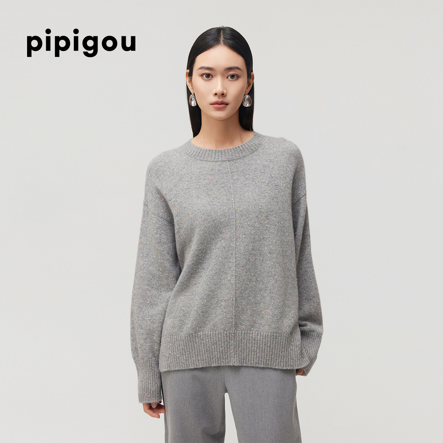 皮皮狗秋冬新款圆领落肩宽松休闲花式彩点纱女士套头羊绒衫,淘宝优惠券,粉丝福利购,淘宝优惠卷